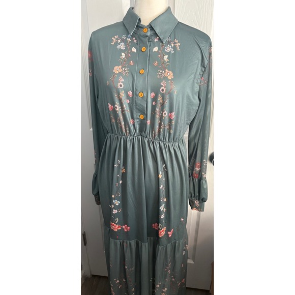 Dresses & Skirts - Vintage Floral Maxi Dress Long Sleeve Collared Button Up Teal Green Tier Ruffle